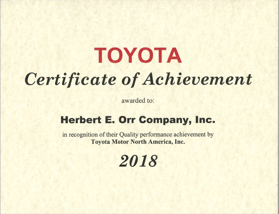 Toyota Quality Certificate Award